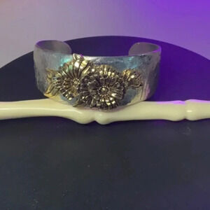 Pewter Beaucoup Designs October Marigold Flower Cuff Bracelet